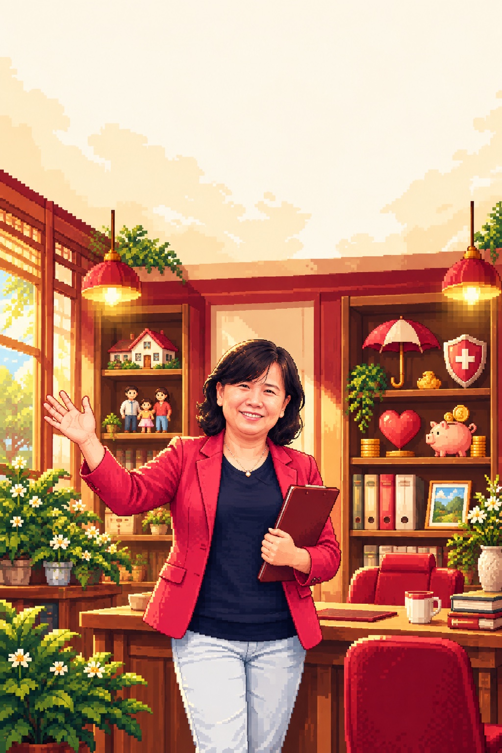 黃玉紅在溫暖諮詢空間中的像素風插畫